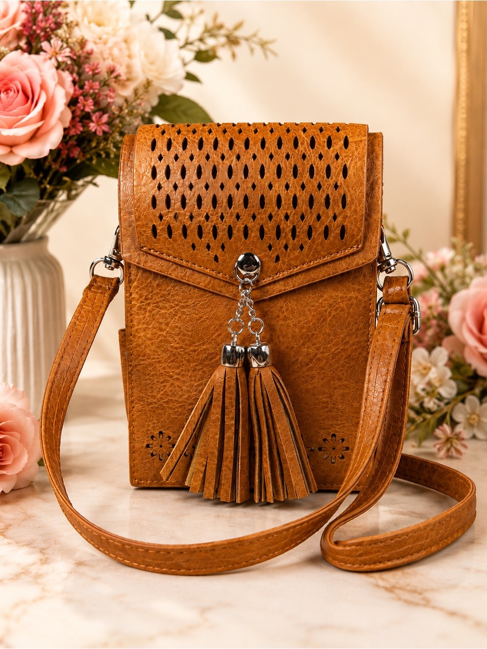 Tan Crossbody Phone Bag with Tassel Detail-NWOT